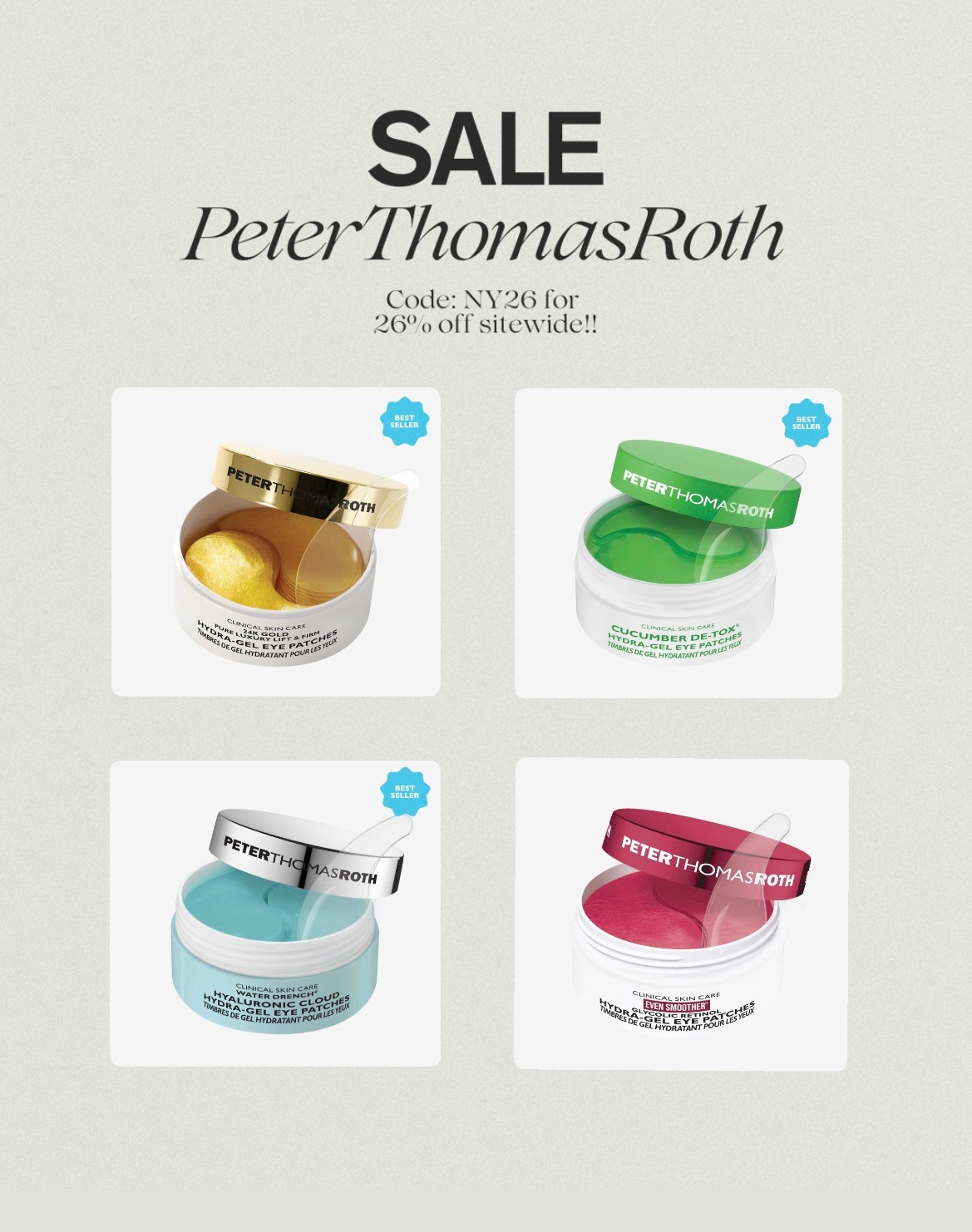 Peter Thomas Roth eye gels 26% off with code NY26 ✨

#LTKFindsUnder50 #LTKBeauty #LTKHome