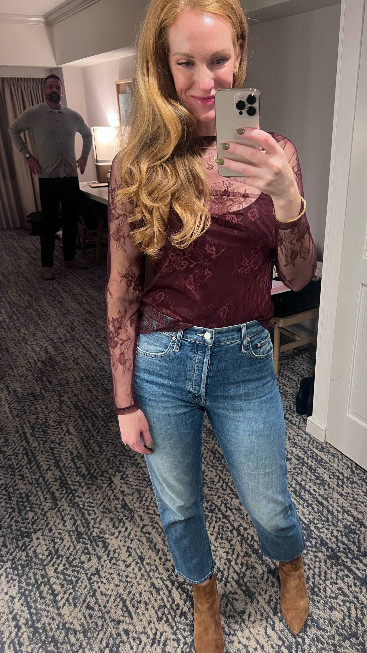 Peep Ryan making fun of me in the background 😂 
But I had to show off this cute burgundy lace top from Target for $25!

#LTKSeasonal #LTKFindsUnder50 #LTKStyleTip