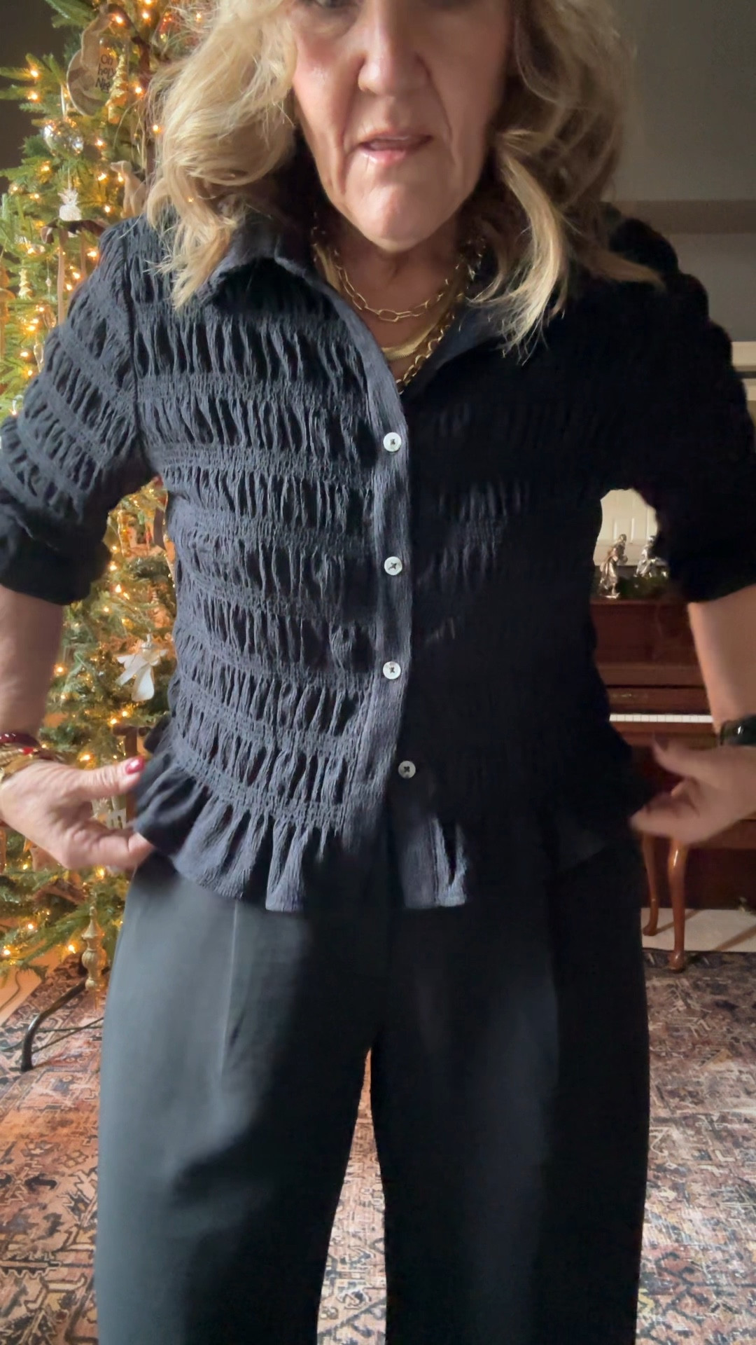 Anthropologie smocked top RESTOCKED! 
wearing a large 

Abercrombie black trousers these are a 29 short. Premium quality fabric with a beautiful drape. I would order your smaller size 

Wearing Allie+Bess jewelry 20% off code NANETTE20

Black trousers, black pants, Anthropologie top top rated Anthropologie top

#LTKOver40 #LTKMidsize #LTKWorkwear