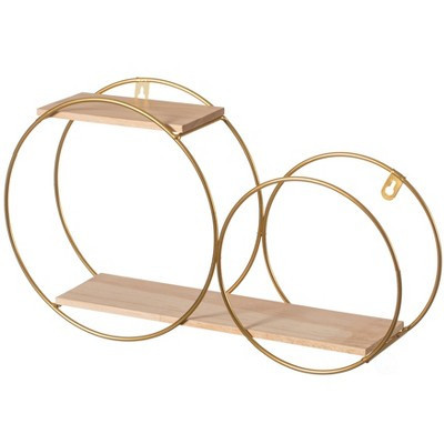 Fabulaxe Tiered Modern Decorative Round Accent Floating Shelf Circle Decor Display Wall Mounted Shelf with Metal Frame and Pine Wood Shelves, Gold | Target