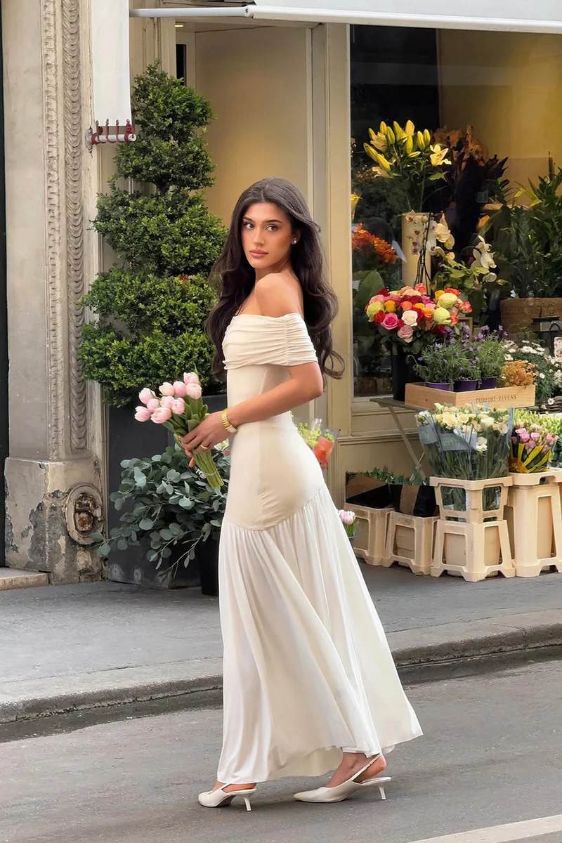 Venezia | Stone & White Bardot Puff-Skirt Maxi Dress | Club L London