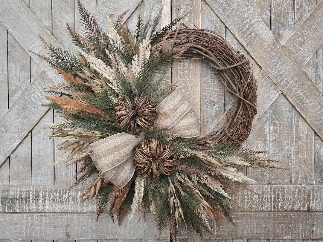 Pumpkin and Pampas Fall Grapevine Wreath, Rustic Autumn Harvest Wreath, Cream Beige and Orange Gr... | Etsy (US)