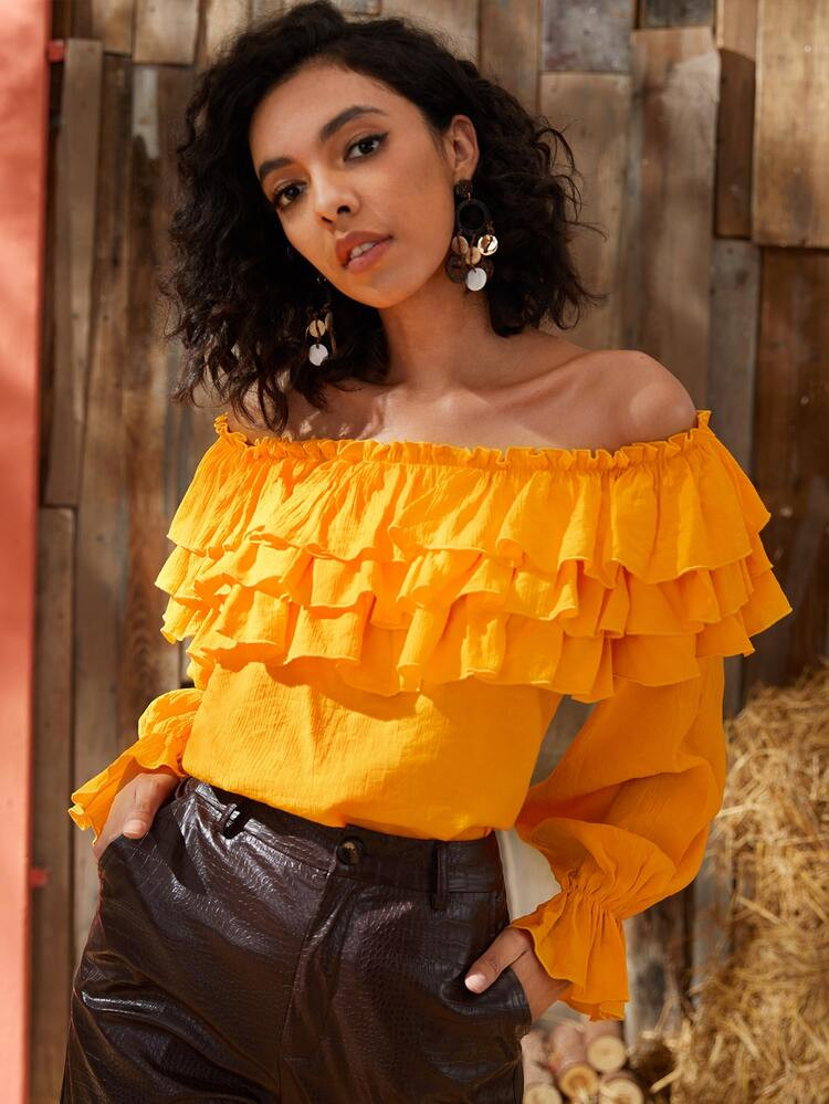SHEIN Layered Ruffle Off Shoulder Flounce Sleeve Top | SHEIN