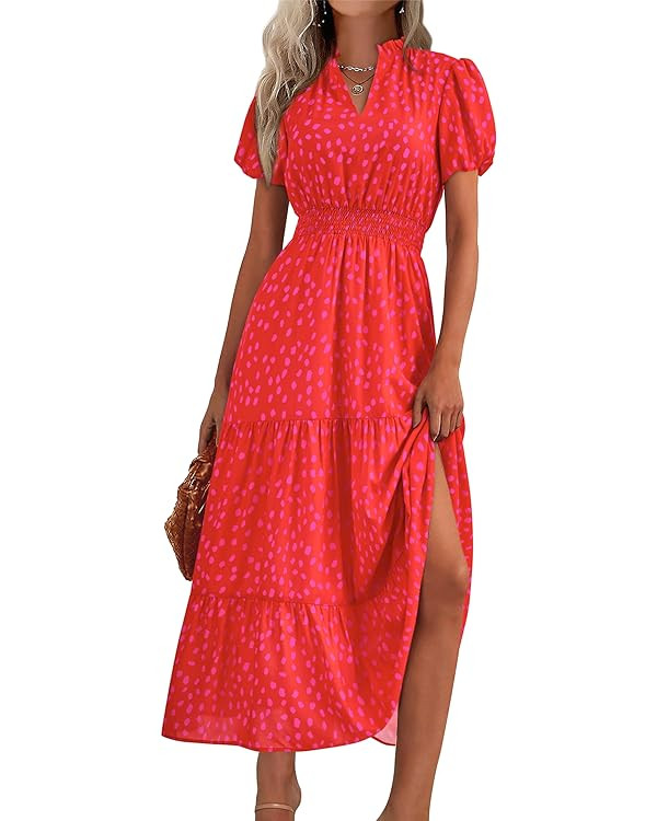MASCOMODA Summer Maxi Dress for Women 2024 Casual V Neck Puff Short Sleeve Smocked Ruffle Flowy B... | Amazon (US)