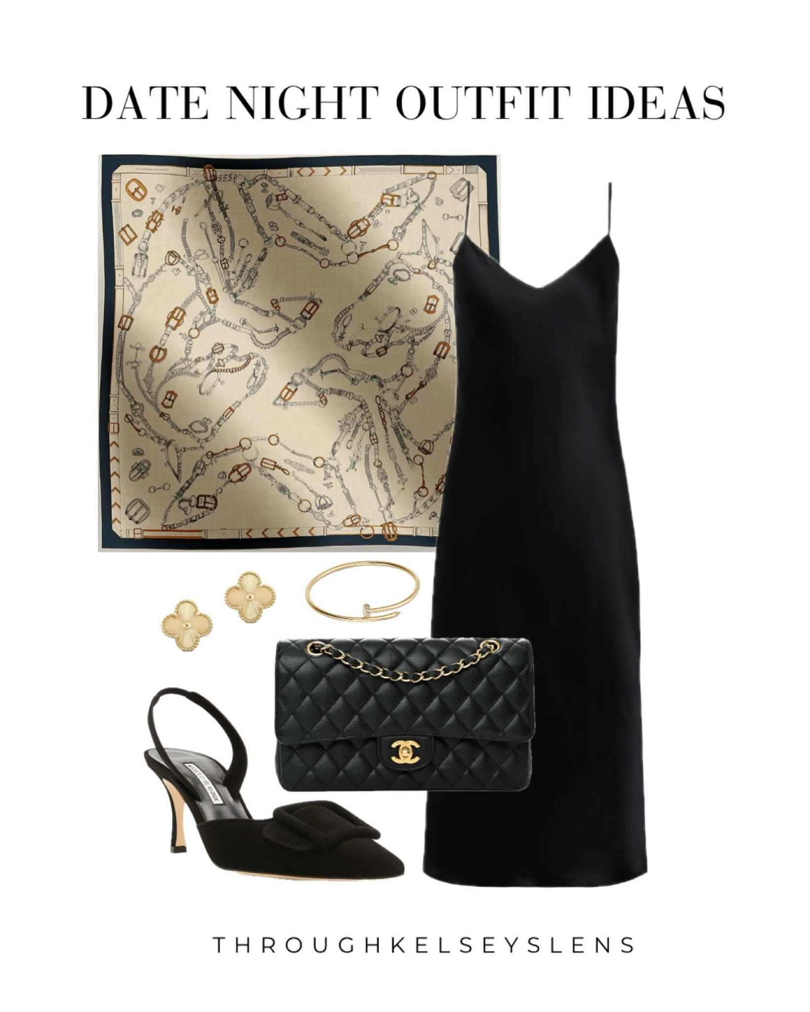 Date night outfit ideas
- L’Agence black silk slip dress
- Hermes Chevaux Dechaines cashmere shawl 140cm
- Chanel classic flap in black caviar 
- Manolo Blahnik Maysli slingbacks in black suede
- Van Cleef Vintage Alhambra earrings in gold guilloché
-  Cartier juste un clou bracelet 

#LTKshoecrush #LTKitbag #LTKstyletip