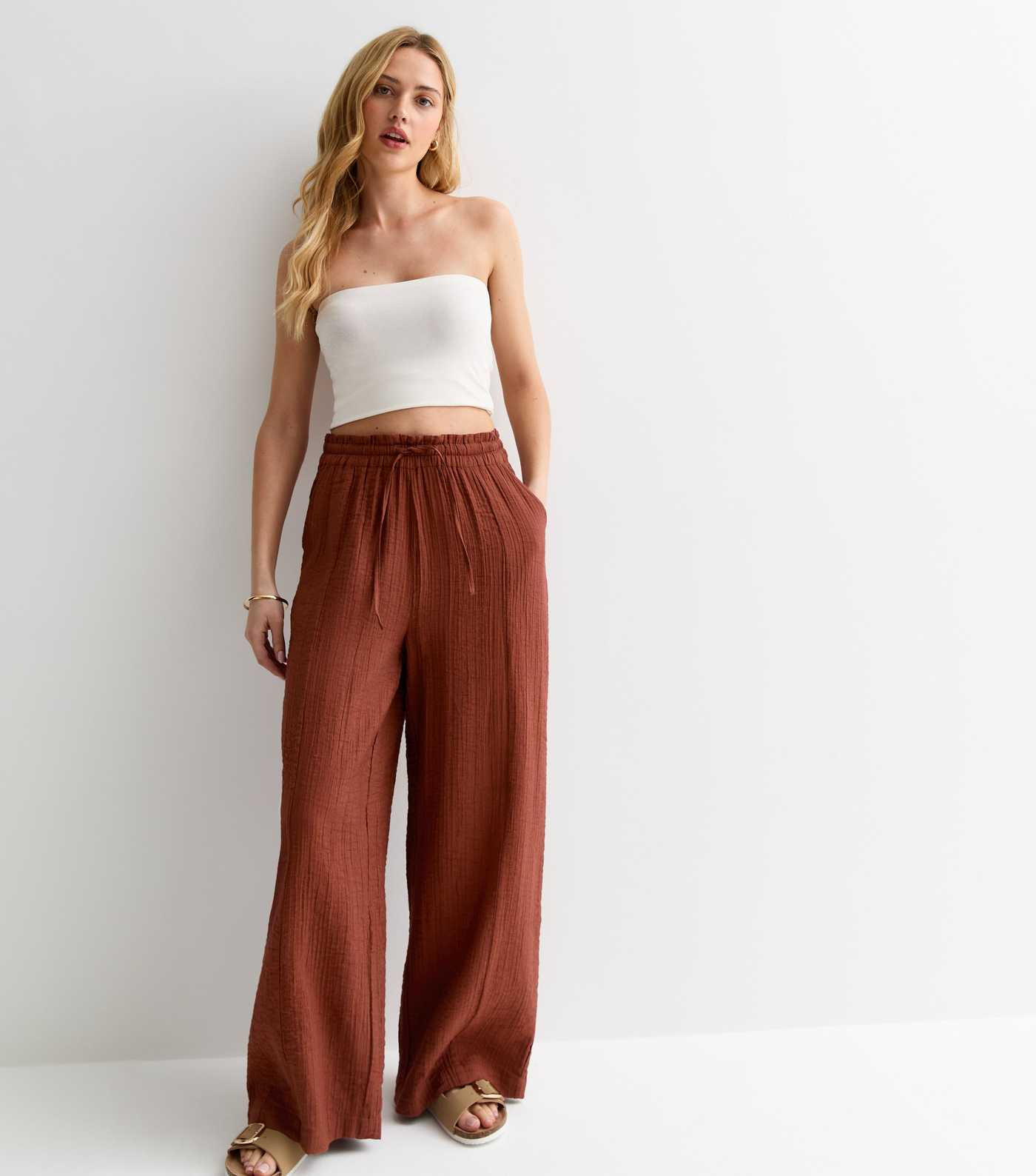 Rust Crinkle Wide Leg Trousers | New Look | New Look (UK)