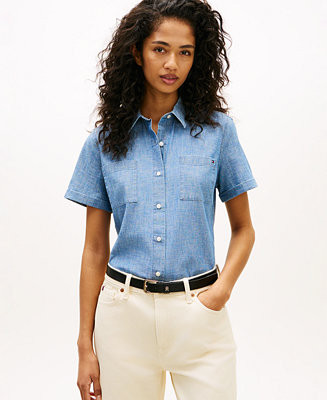 Women's Short-Sleeve Chambray Shirt | Macy's