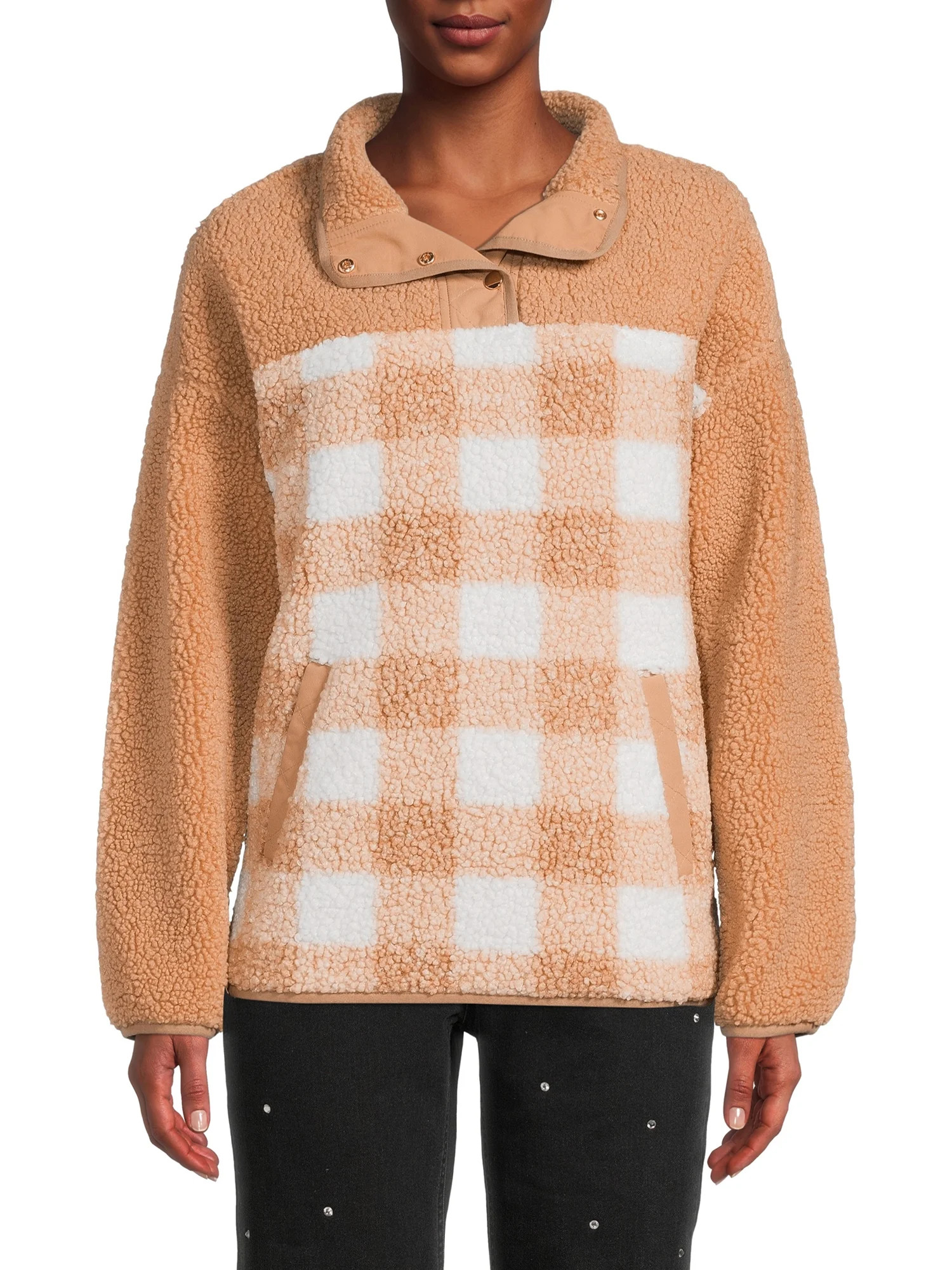 Time and Tru Women's and Plus Quarter Snap Faux Sherpa Jacket - Walmart.com | Walmart (US)