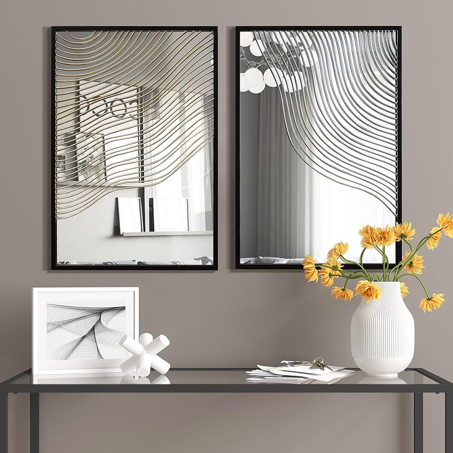Luxenhome Set of 2 Modern Iron Waves Rectangular Accent Wall Mirrors Decorative Wall Mirror Set,H... | Amazon (US)