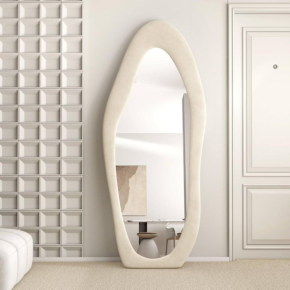 Full Length Mirror, 63" X 24" Wavy Floor Mirror, Flannel Wrapped Frame Irregular Large Wall Mirro... | Amazon (US)