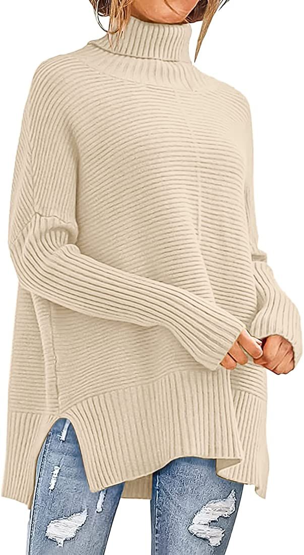 ANRABESS Womens 2022 Fall Sweaters Turtleneck Long Batwing Sleeve Spilt Hem Pullover Knit Sweater... | Amazon (US)