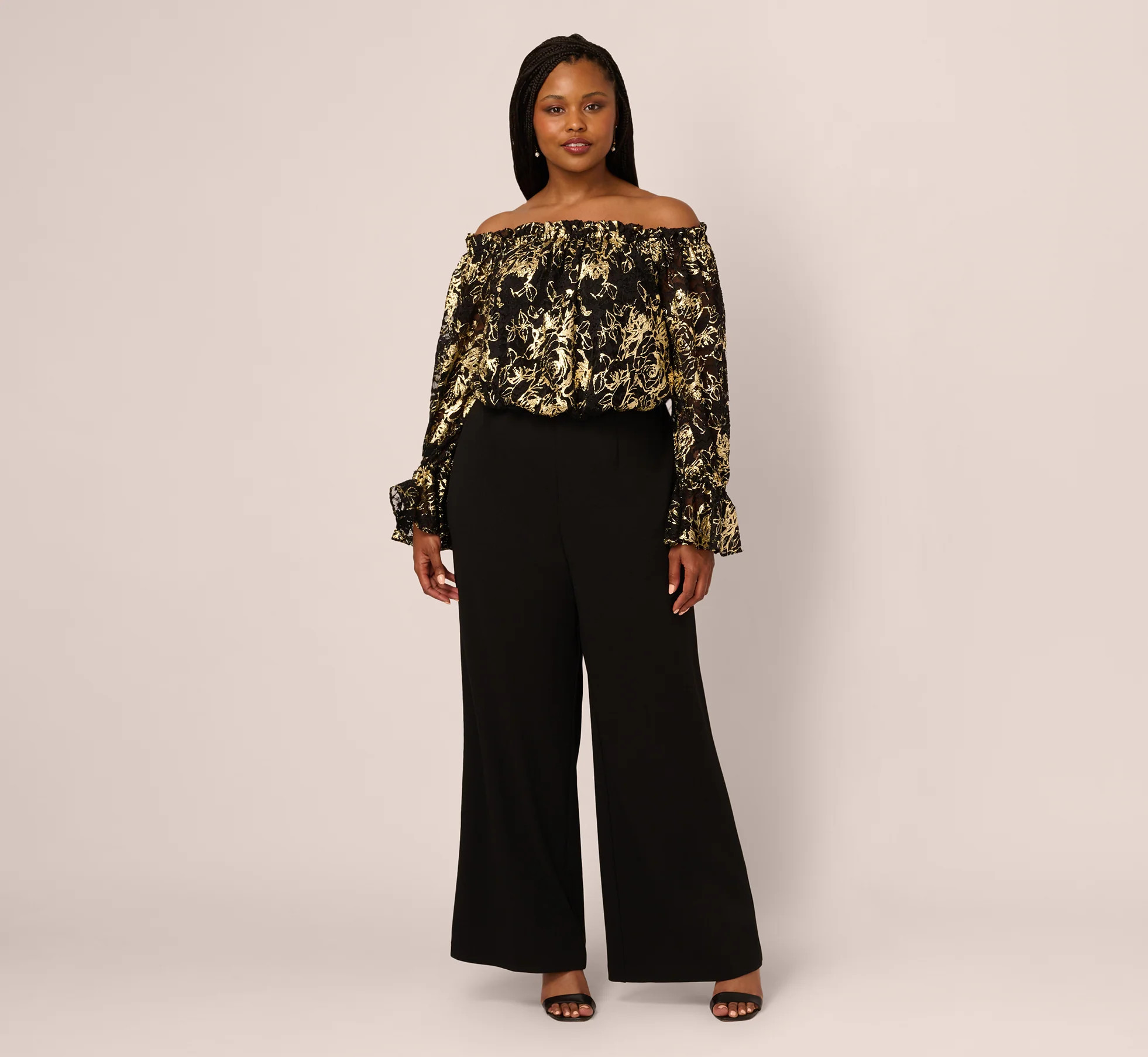 Plus Size Lace And Crepe Jumpsuit In Black Gold | Adrianna Papell