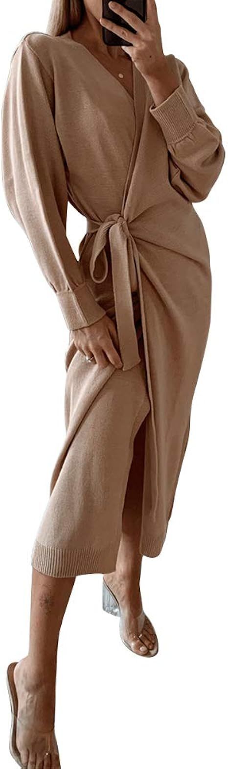 Exlura Womens Knit Sweater Dress Casual Solid Long Sleeve Wrap Maxi Dresses with Belt | Amazon (US)