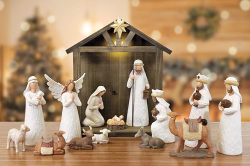 Fovths 16 Pieces Christmas Nativity Scene Set LED Classic Nativity Wooden Stable Manger Figurine Resin Decor 7 Inch Religious Family Figurines for Xmas Holiday Home Fireplace Centerpieces | Amazon (US)
