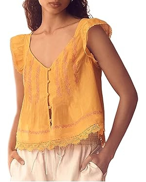 Women Y2K Sleeveless Tie Front Tank Tops Eyelet Embroidery Floral Shirt Lace Up Crop Vest Summer ... | Amazon (US)