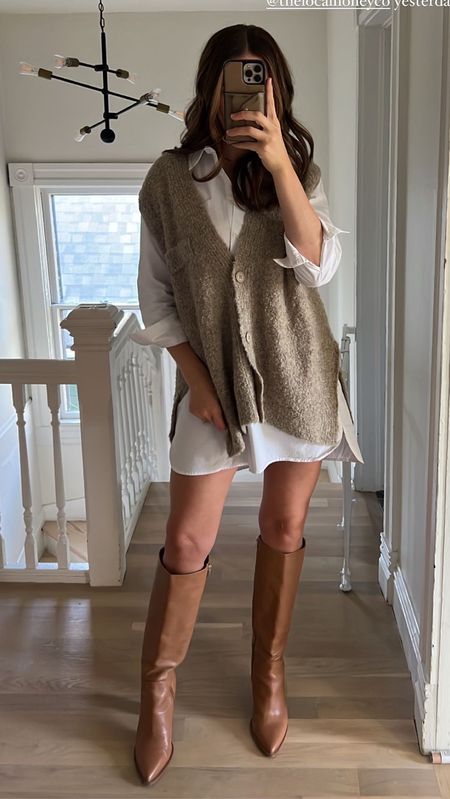 White button down dress and sweater vest dress with tan boots 