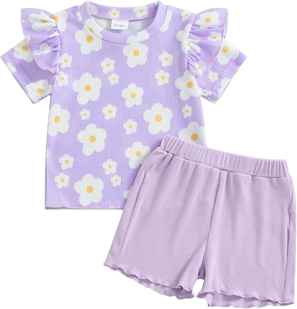 Toddler Baby Girl Clothes Floral Print Short Sleeve Crewneck Tshirt Shorts Set Cute Summer Outfit... | Amazon (US)