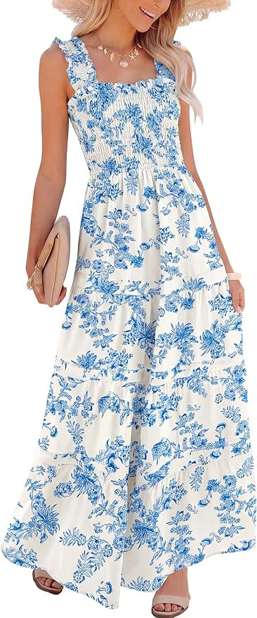 Caracilia Womens Summer Maxi Dresses Floral Smocked Sleeveless Ruffle Boho Casual Flowy Aline Bea... | Amazon (US)