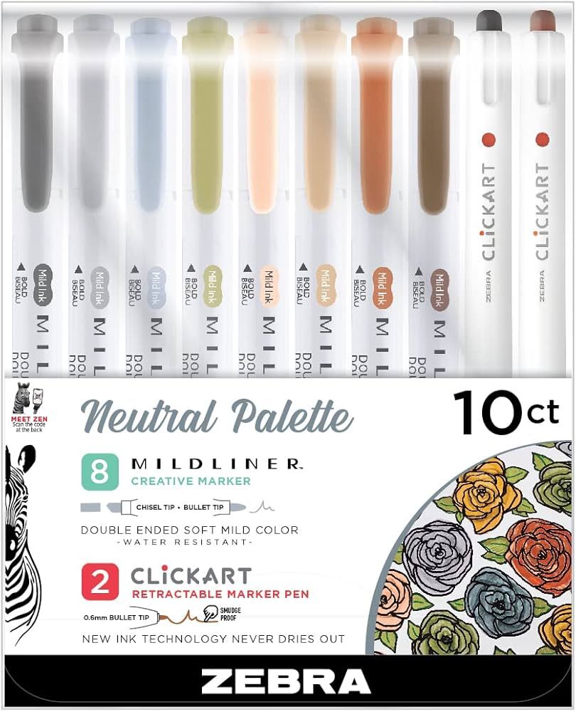 Zebra Pen Neutral Palette Set, Includes 8 Mildliner Highlighters and 2 ClickArt Markers, Assorted... | Amazon (US)