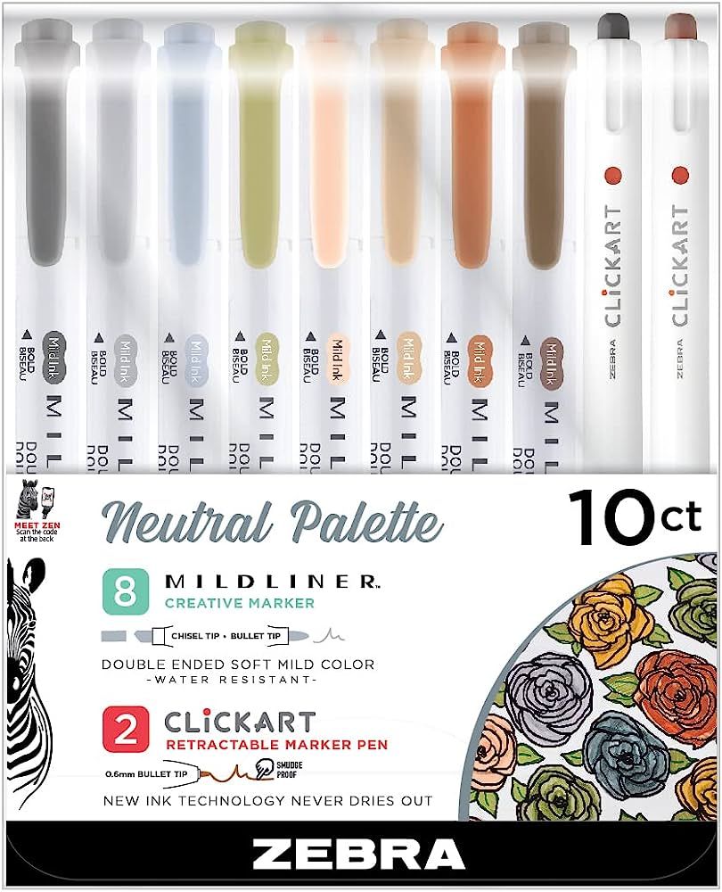 Zebra Pen Neutral Palette Set, Includes 8 Mildliner Highlighters and 2 ClickArt Markers, Assorted... | Amazon (US)