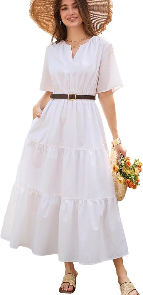 Summer Linen Dress with Pockets Casual Flowy Maxi Dresses Lightweight Short Sleeve Spring Vacatio... | Amazon (US)