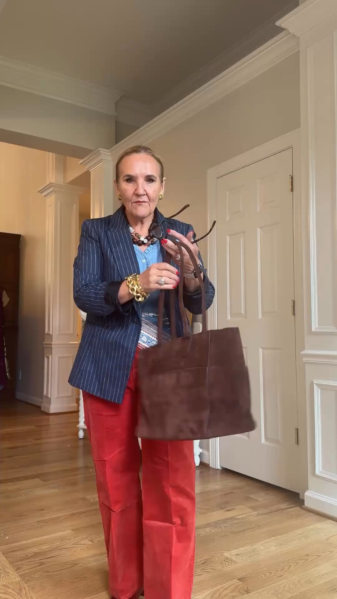 Gotta say, a good suede tote is hard to beat. This rich brown one has that easy, lived-in look that works with just about anything. I’m wearing a 10 petite in the blazer, a small in the blouse, and a medium petite in the pants.

#LTKootd #LTKgrwm #LTKOver40