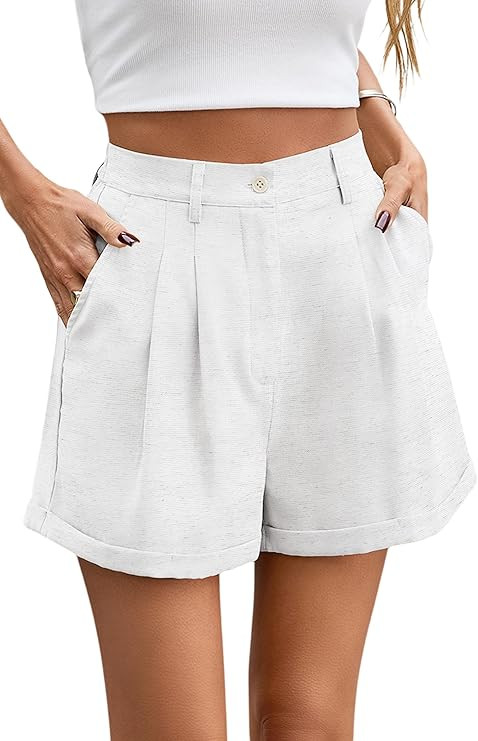 Allimy Womens Summer High Waisted Cuffed Shorts Back Elastic Waistband Pleated Linen Shorts with ... | Amazon (US)