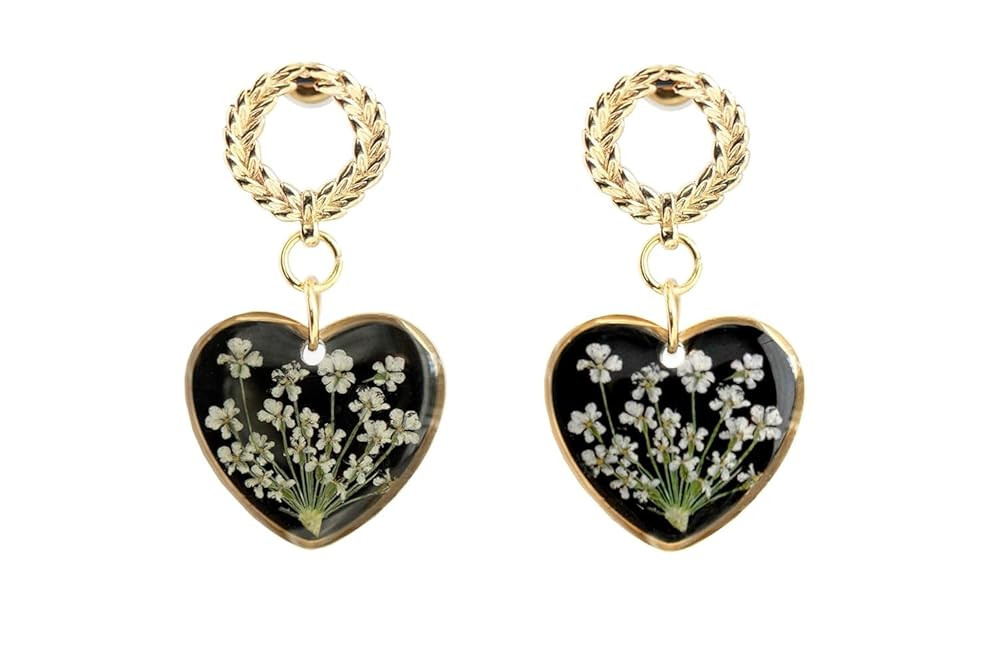 Handmade resin sealed dried pressed natural flowers dangle earrings (Black Lace) | Amazon (US)