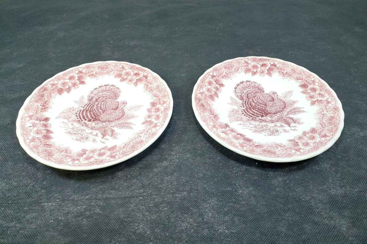 Vintage Set 2 Queen's Thanksgiving Red Salad Plates 8" Turkey Pink | eBay US