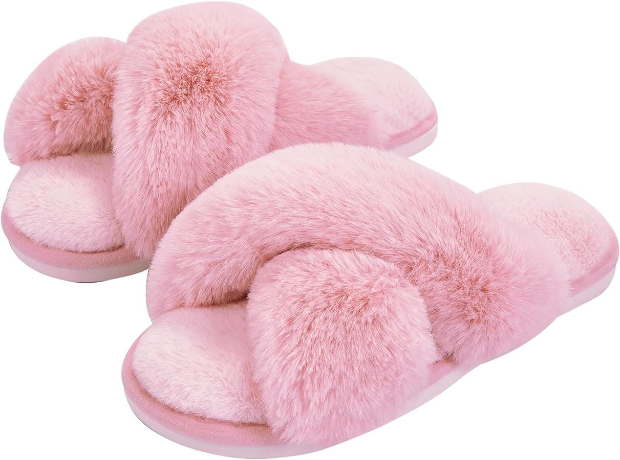 Metog Women's Fuzzy Slippers House Slippers Cross Band Slippers Indoor Outdoor Soft Open Toe Slip... | Amazon (US)
