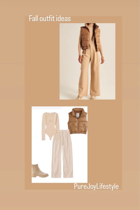 Perfect fall outfit, beige aesthetic, ultra mini puffer vest , long sleeve bodysuit, tailored wide leg pants, chunky boots , block heels, neutral outfits, fall outfit , classy , chic 

#LTKstyletip #LTKSeasonal #LTKworkwear