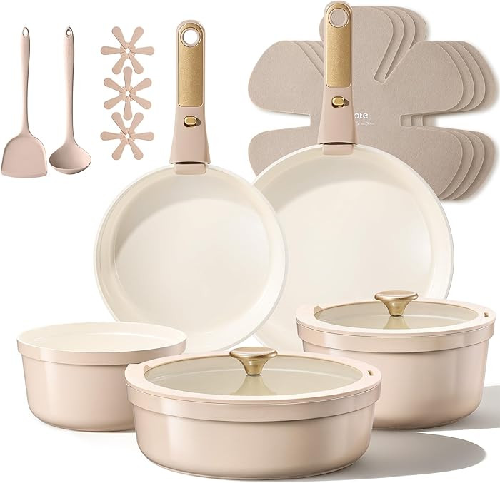 CAROTE Juego de 18 utensilios de cocina de cerámica de titanio antiadherente con asas desmontabl... | Amazon (US)