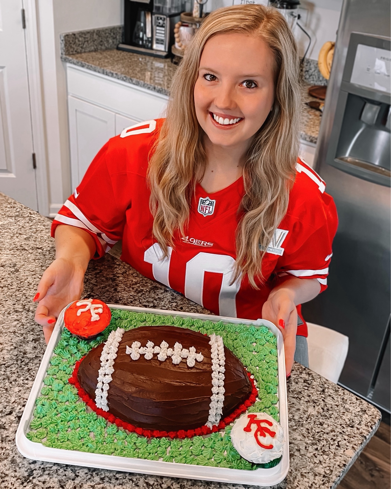 DIY SUPER BOWL FOOTBALL CAKE

This football cake mold was SUPER easy and was an absolute hit at the Super Bowl party that year! For a little extra flare I decorated a cupcake with each team’s city initials on them in their colors. Depending on the teams playing you can possibly get away with just one or two jars of white frosting and some food dye so you’re not buying all different colors.

Pro Tip: Make your football cake on a food carrier so you can easily cover it to bring it to your Super Bowl party. If you make it on a plate you’ll have no way to cover it without touching the finished product.

#LTKparties #LTKfindsunder50 #LTKhome
