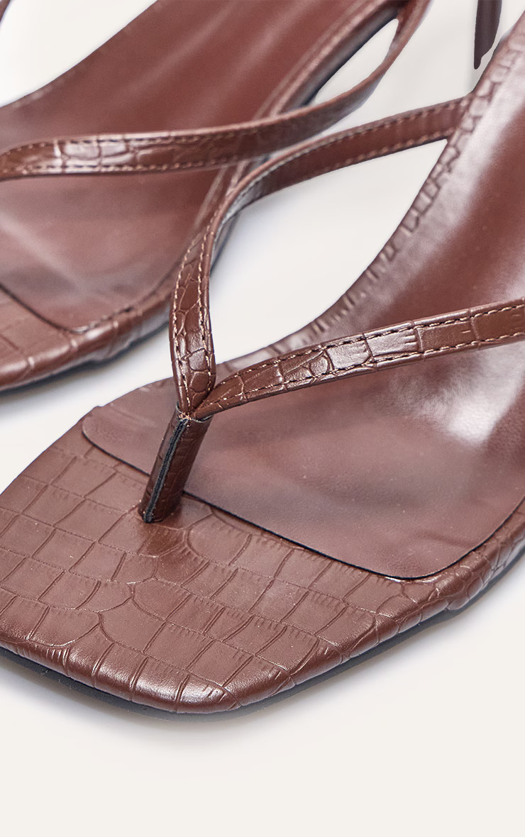 Brown Croc Pu Square Toe Thong Mid Stiletto Heeled Mules | PrettyLittleThing UK