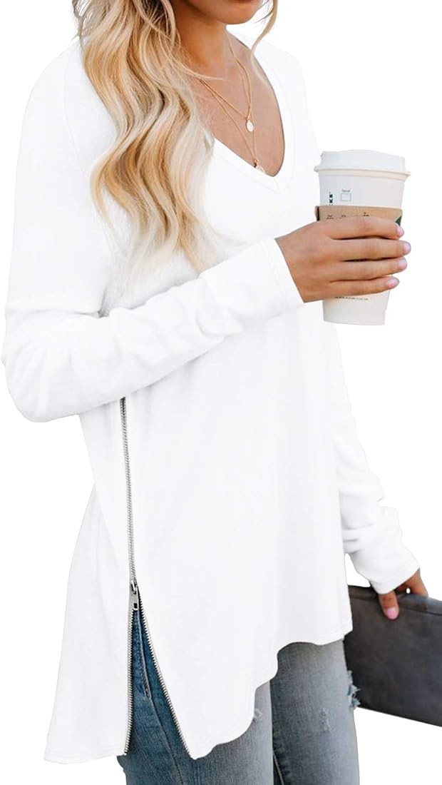 PrinStory Women's Fall Casual V-Neck Soft Raglan Long Sleeves Sweatshirts Tops Basic T-Shirt Split B | Amazon (US)
