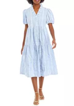 Petite Puff Sleeve Printed Midi Dress | Belk