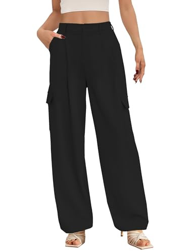Buauty Women's Wide Leg Cargo Pants High Waisted Trousers Pants Casual Dress Pants with Pockets 2038 Loose Business Clothes Black | Amazon (US)