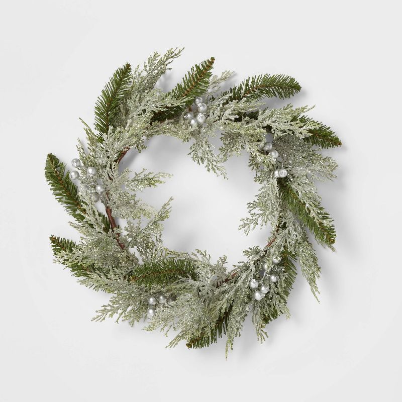 22&#34; Glittered Cedar Artificial Christmas Wreath with Metallic Silver Berries - Wondershop&#84... | Target