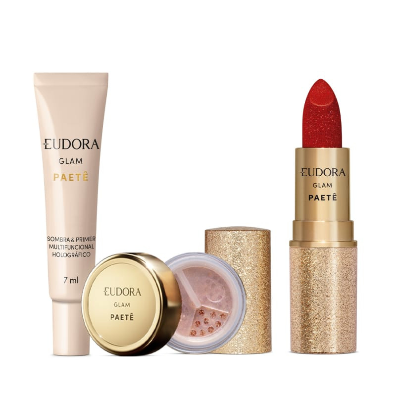 Combo Glam Paetê: Glitter Multifuncional Rosê 1g + Sombra & Primer 7ml + Batom Cremoso Vermelho... | Eudora (BR)
