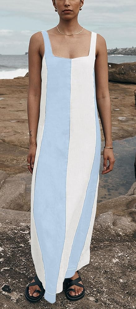 CHARTOU Women Summer Sleeveless Linen Dress Contrast Color Maxi Long Beach Vacation Tank Dress | Amazon (US)