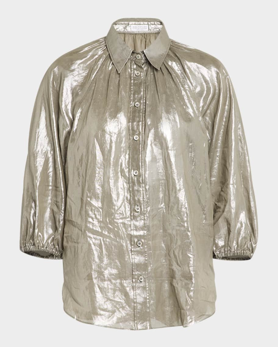 Brunello Cucinelli Metallic Cotton Gauze 3/4-Sleeve Blouse With Monili Epaulet | Neiman Marcus