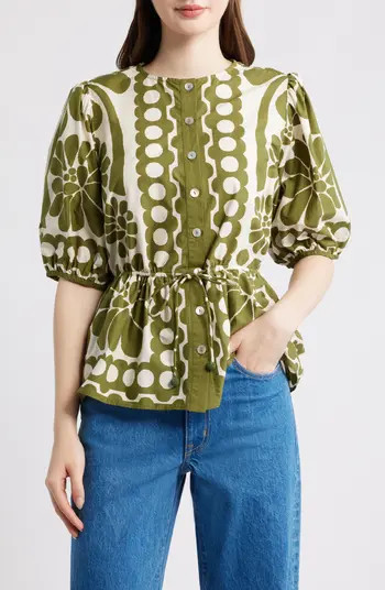 Palermo Floral Cotton Drawstring Waist Button-Up Shirt | Nordstrom