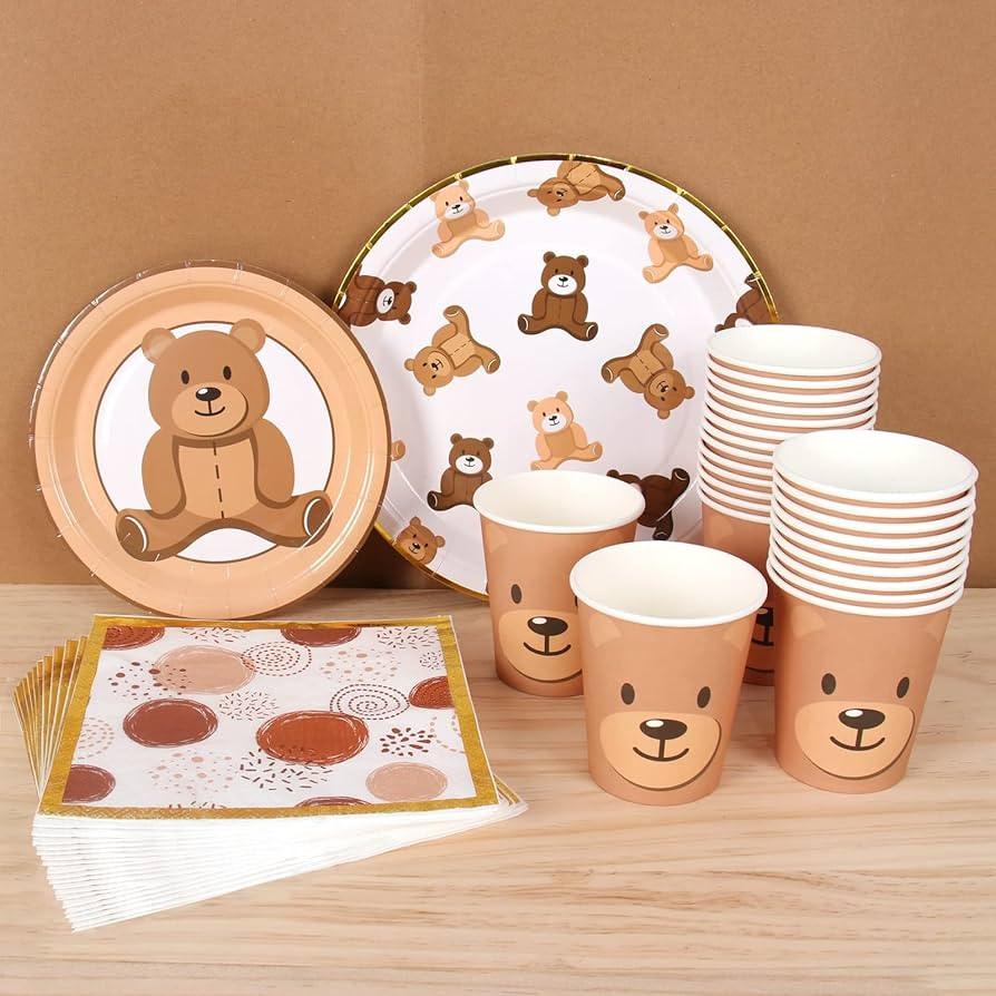 Brown Teddy Bear Baby Shower Plates - Teddy Bear Paper Plates,Disposable Cups,Napkin with Firewor... | Amazon (US)