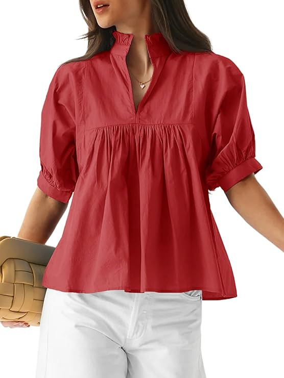 Cicy Bell Womens Puff Sleeve V Neck Blouse Babydoll Peplum Tops Dressy Casual Pleated Loose Fit S... | Amazon (US)