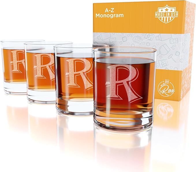 Monogrammed Gifts for Men - 4PC 11 Oz Custom Whiskey Glasses (R-Monogram) - Engraved Whiskey Glas... | Amazon (US)