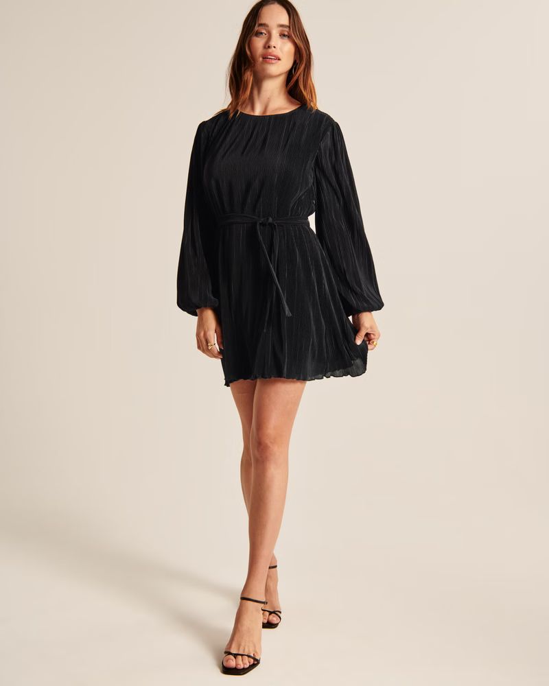 Long-Sleeve Satin Plisse Mini Dress | Abercrombie & Fitch (US)