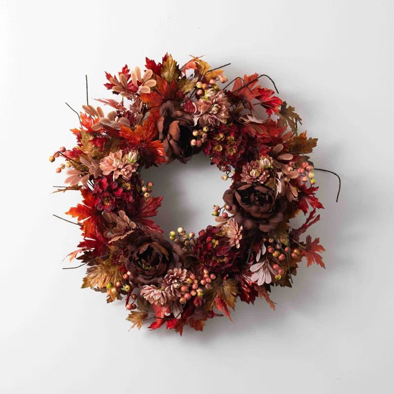 Mocha Peony, Burgundy Hydrangea & Blush Chrysanthemum Faux Floral Front Door Fall Wreath | Wayfair North America