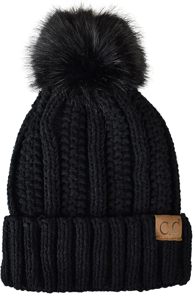 C.C Thick Cable Knit Faux Fuzzy Fur Pom Fleece Lined Skull Cap Cuff Beanie | Amazon (US)