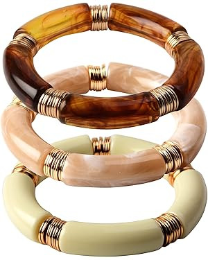 GOOJIDS Simple Beaded Gold Bangles Bracelet Chunky Bamboo Tube Curved Stacking Clear Acrylic Colo... | Amazon (US)
