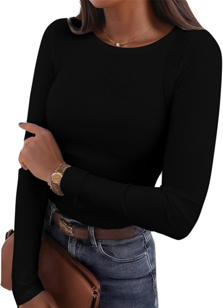 Ribbed Womens Long Sleeve Shirts Slim Fit Stretch Crewneck Basic Casual Tunic Tops | Amazon (US)